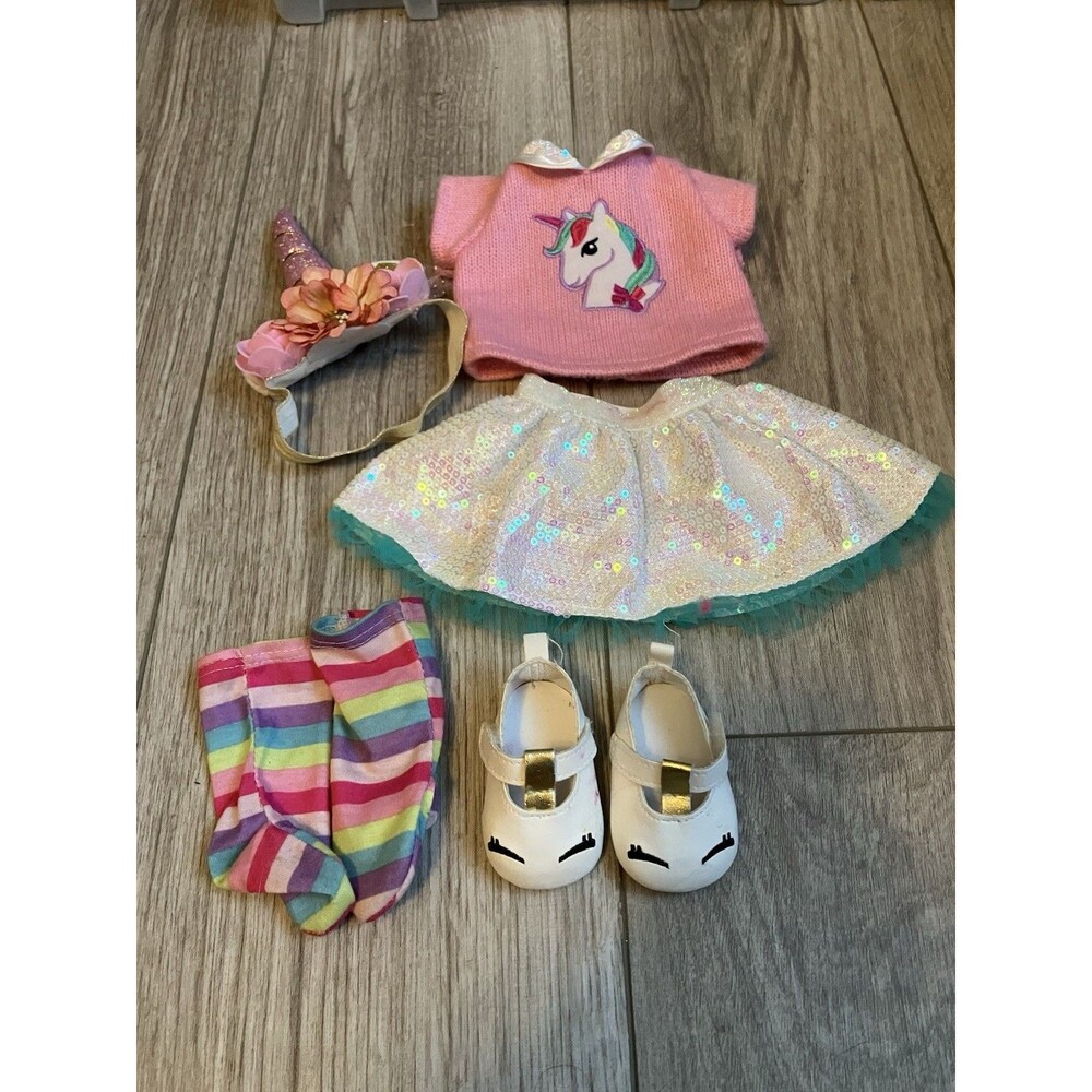 18” Doll Rainbow Unicorn Outfit Top Sequin Skirt Socks Shoes Headband